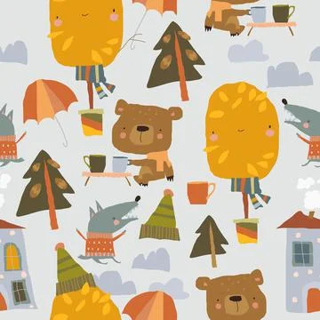 Seamless Pattern with Funny Animals and Autumn Elements Stock Illustration