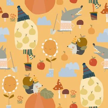 Seamless Pattern with Funny Animals and Autumn Elements 스톡 일러스트