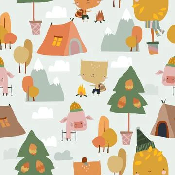 Seamless Pattern with Funny Animals and Autumn Elements Stock Illustration