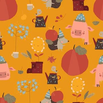 Seamless Pattern with Funny Animals and Autumn Elements 스톡 일러스트