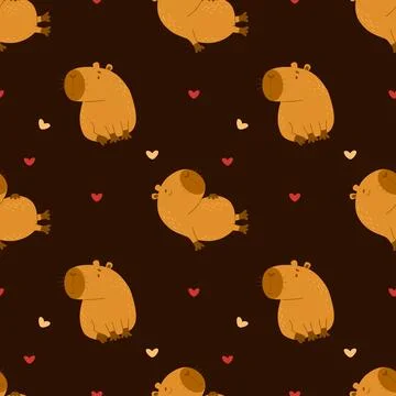 Seamless pattern. Funny animals capybaras on black background. Vector Stock Illustration