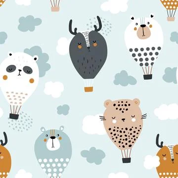 Seamless pattern with funny animals hot air balloons. Stock Illustration