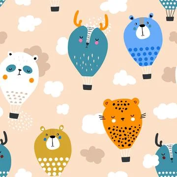 Seamless pattern with funny animals hot air balloons. Stock Illustration