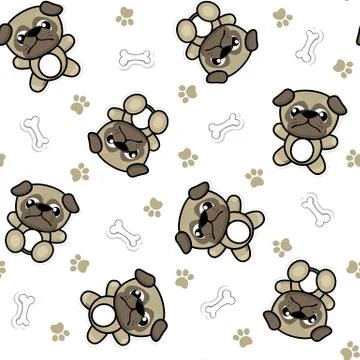Seamless pattern of funny baby pug dogs and puppy elements that looks like st Stock Illustration
