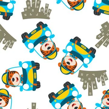 Seamless pattern of funny bear driving car in the road. Stock Illustration