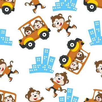 Seamless pattern of funny bear driving car in the road. 스톡 일러스트