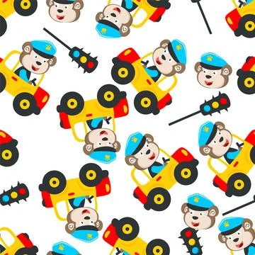 Seamless pattern of funny bear driving car in the road. Stock Illustration