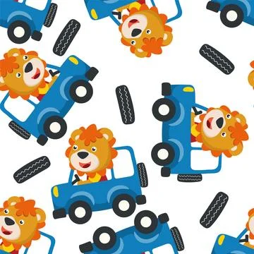 Seamless pattern of funny bear driving car in the road. Illustrazione stock