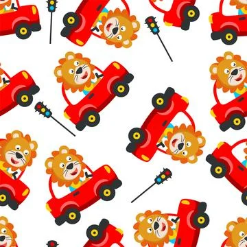 Seamless pattern of funny bear driving car in the road. Stock Illustration