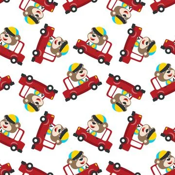 Seamless pattern of funny bear driving car in the road. 스톡 일러스트