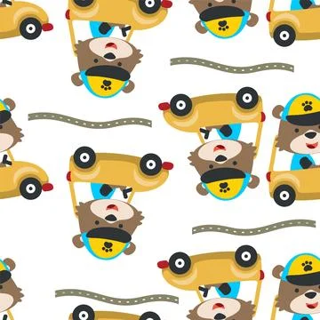 Seamless pattern of funny bear driving car in the road. Stock Illustration