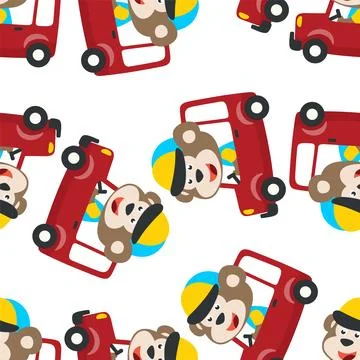 Seamless pattern of funny bear driving car in the road. Stock Illustration