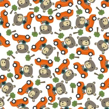 Seamless pattern of funny bear driving car in the road. Stock Illustration