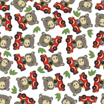 Seamless pattern of funny bear driving car in the road. Creative vector Stock Illustration