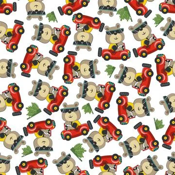 Seamless pattern of funny bear driving car in the road. Stock Illustration