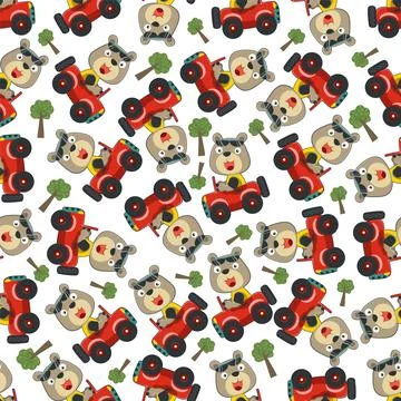 Seamless pattern of funny bear driving car in the road. Stock Illustration