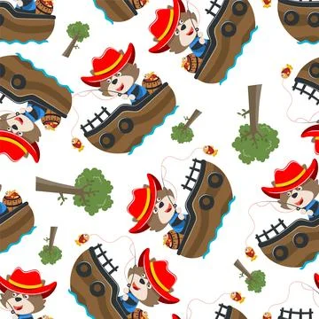 Seamless pattern of funny bear on little boat with cartoon style. Stock Illustration