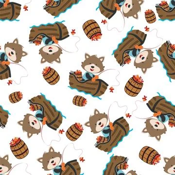 Seamless pattern of funny bear on little boat with cartoon style. Stock Illustration