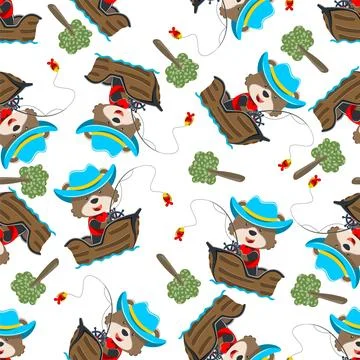 Seamless pattern of funny bear on little boat with cartoon style. Stock Illustration