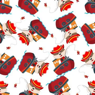 Seamless pattern of funny bear on little boat with cartoon style. Stock Illustration