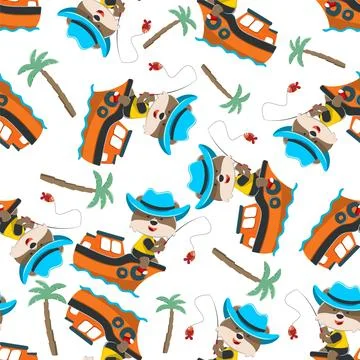 Seamless pattern of funny bear on little boat with cartoon style. Illustrazione stock
