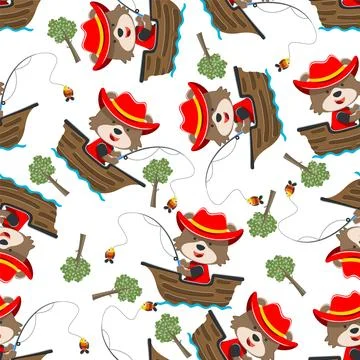 Seamless pattern of funny bear on little boat with cartoon style. Stock Illustration