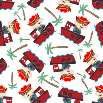 Seamless pattern of funny bear on little boat with cartoon style. Stock Illustration