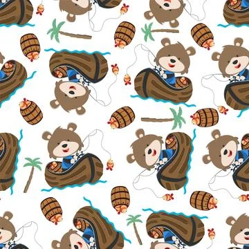 Seamless pattern of funny bear on little boat with cartoon style. Stock Illustration