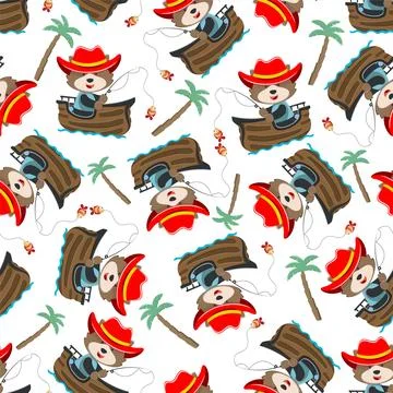 Seamless pattern of funny bear on little boat with cartoon style. 스톡 일러스트
