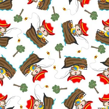Seamless pattern of funny bear on little boat with cartoon style. Stock Illustration