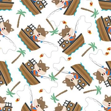 Seamless pattern of funny bear on little boat with cartoon style Stock Illustration