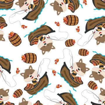 Seamless pattern of funny bear on little boat with cartoon style. Stock Illustration