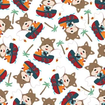 Seamless pattern of funny bear on little boat with cartoon style. Stock Illustration
