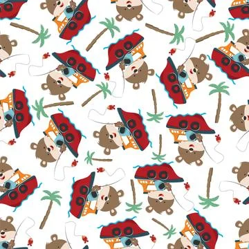 Seamless pattern of funny bear on little boat with cartoon style. Stock Illustration