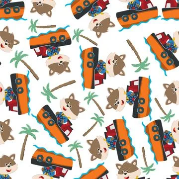 Seamless pattern of funny bear on little boat with cartoon style Stock Illustration