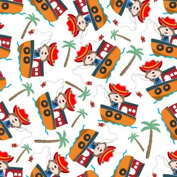 Seamless pattern of funny bear on little boat with cartoon style. Stock Illustration