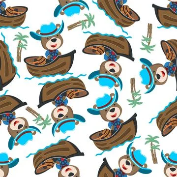 Seamless pattern of funny bear on little boat with cartoon style. Stock Illustration