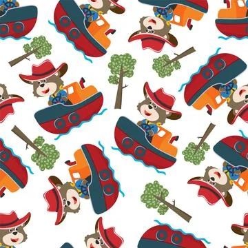 Seamless pattern of funny bear on little boat with cartoon style. Stock Illustration