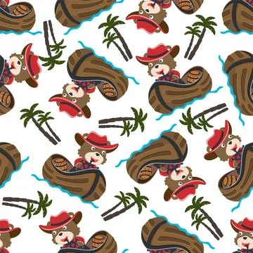 Seamless pattern of funny bear on little boat with cartoon style. Stock Illustration