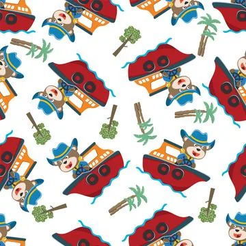 Seamless pattern of funny bear on little boat with cartoon style. Stock Illustration