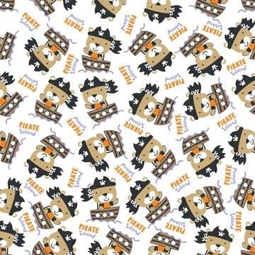 Seamless pattern of funny bear pirate with treasure chest, 스톡 일러스트
