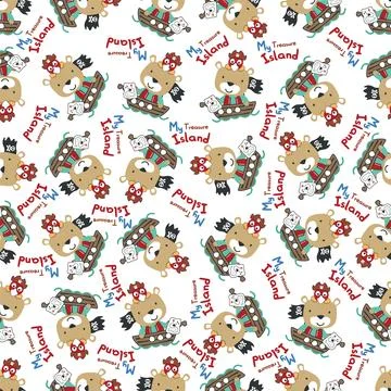 Seamless pattern of funny bear pirate with treasure chest, Stock Illustration