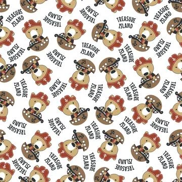 Seamless pattern of funny bear pirate with treasure chest, Stock Illustration