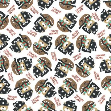 Seamless pattern of funny bear pirate with treasure chest, Stock Illustration