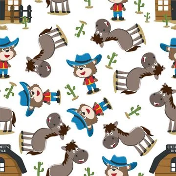 Seamless pattern of funny bear the sheriff and horse in the desert, 스톡 일러스트