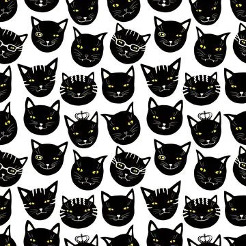 Seamless pattern with funny black cats muzzles set. Hand drawn cute kitten Stock Illustration