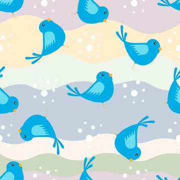 Seamless pattern with funny blue bird on colorful background Stock Illustration