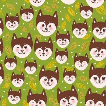 Seamless pattern funny brown husky dog and leaves, Kawaii face with large eyes Stock Illustration