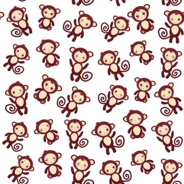 Seamless pattern with funny brown monkey boys and girls on white background Stock Illustration