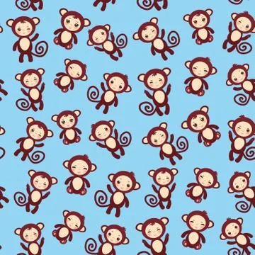 Seamless pattern with funny brown monkey boys and girls on blue background Stock Illustration